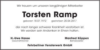 Traueranzeige von Torsten Ramp von Märkische Oderzeitung