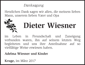 Traueranzeige von Dieter Wiesner von Märkische Oderzeitung