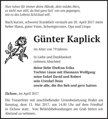 Traueranzeige von Günter Kaplick von Märkische Oderzeitung