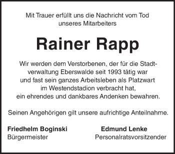 Traueranzeige von Rainer Rapp von Märkische Oderzeitung