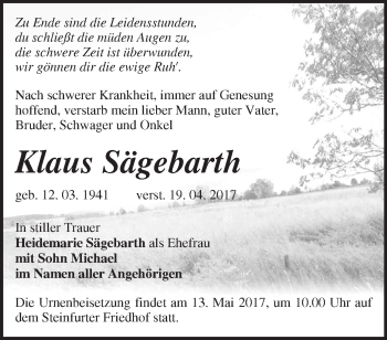 Traueranzeige von Klaus Sägebarth von Märkische Oderzeitung