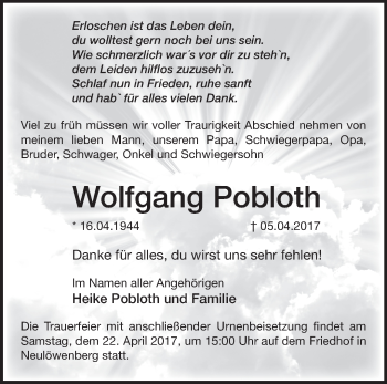 Traueranzeige von Wolfgang Pobloth von Märkische Oderzeitung