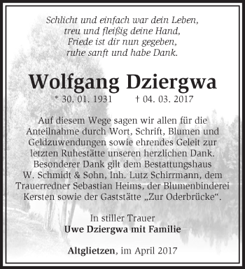 Traueranzeige von Wolfgang Dziergwa von Märkische Oderzeitung