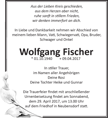 Traueranzeige von Wolfgang Fischer von Märkische Oderzeitung