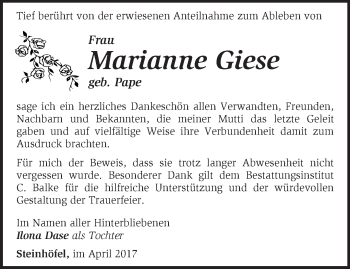 Traueranzeige von Marianne Giese von Märkische Oderzeitung