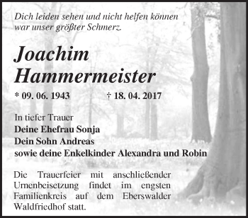 Traueranzeige von Joachim Hammermeister von Märkische Oderzeitung