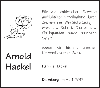 Traueranzeige von Arnold Hackel von Märkische Oderzeitung