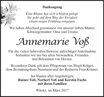 Traueranzeige von Annemarie Voß von Märkische Oderzeitung