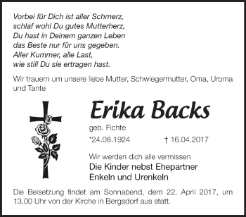 Traueranzeige von Erika Backs von Märkische Oderzeitung