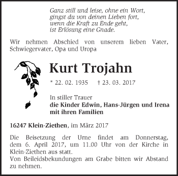 Traueranzeige von Kurt Trojahn von Märkische Oderzeitung