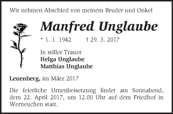 Traueranzeige von Manfred Unglaube von Märkische Oderzeitung