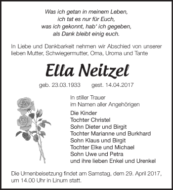 Traueranzeige von Elia Neitzel von Märkische Oderzeitung