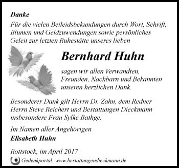 Traueranzeige von Bernhard Huhn von Märkische Oderzeitung