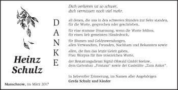 Traueranzeige von Heinz Schulz von Märkische Oderzeitung