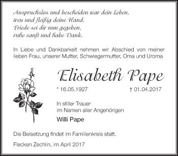 Traueranzeige von Elisabeth Pape von Märkische Oderzeitung