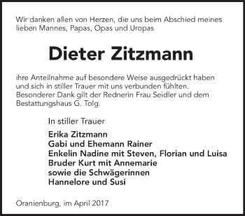 Traueranzeige von Dieter Zitzmann von Märkische Oderzeitung