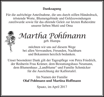 Traueranzeige von Martha Pohlmann von Märkische Oderzeitung