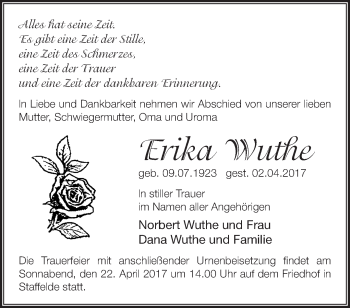 Traueranzeige von Erika Wuthe von Märkische Oderzeitung