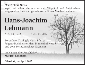 Traueranzeige von Hans-Joachim Lehmann von Märkische Oderzeitung