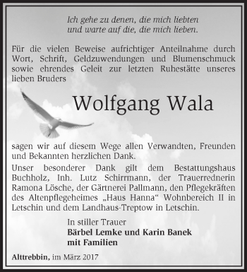 Traueranzeige von Wolfgang Wala von Märkische Oderzeitung