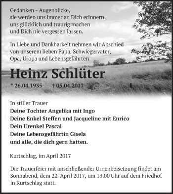 Traueranzeige von Heinz Schlüter von Märkische Oderzeitung