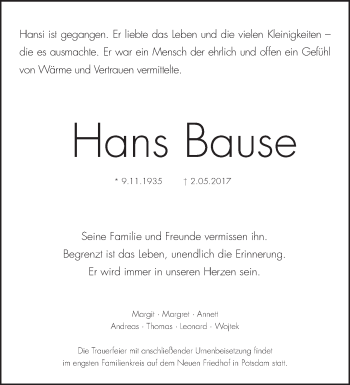 Traueranzeige von Hans Bause von Märkische Oderzeitung