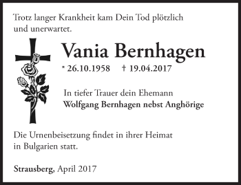 Traueranzeige von Vania Bernhagen von Märkische Oderzeitung