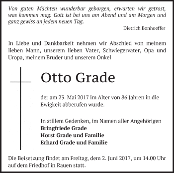 Traueranzeige von Otto Grade von Märkische Oderzeitung