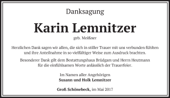 Traueranzeige von Karin Lemnitzer von Märkische Oderzeitung