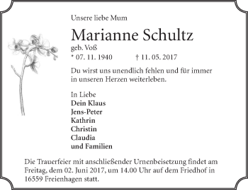 Traueranzeige von Marianne Schultz von Märkische Oderzeitung