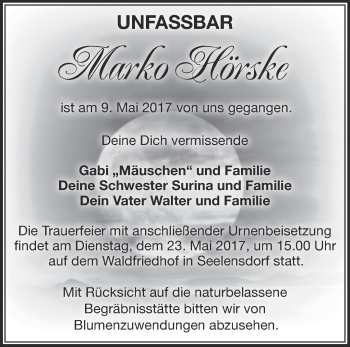 Traueranzeige von Marko Hörske von Märkische Oderzeitung