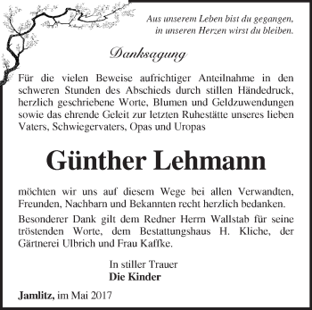 Traueranzeige von Günther Lehmann von Märkische Oderzeitung