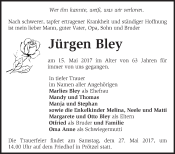 Traueranzeige von Jürgen Bley von Märkische Oderzeitung