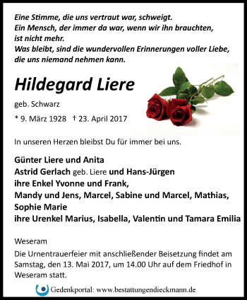 Traueranzeige von Hildegard Liere von Märkische Oderzeitung