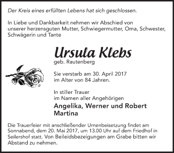 Traueranzeige von Ursula Klebs von Märkische Oderzeitung