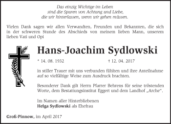 Traueranzeige von Hans-Joachim Sydlowski von Märkische Oderzeitung