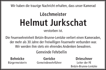 Traueranzeige von Helmut Jurkschat von Märkische Oderzeitung