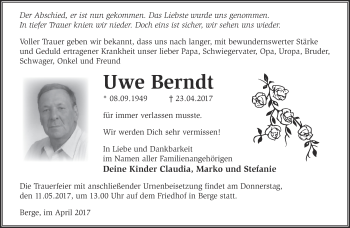 Traueranzeige von Uwe Berndt von Märkische Oderzeitung