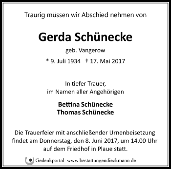 Traueranzeige von Gerda Schünecke von Märkische Oderzeitung