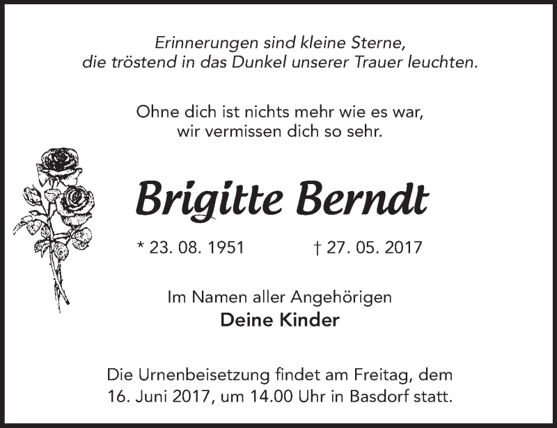  Traueranzeige für Brigitte Berndt vom 31.05.2017 aus Märkische Oderzeitung