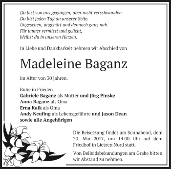 Traueranzeige von Madeleine Baganz von Märkische Oderzeitung