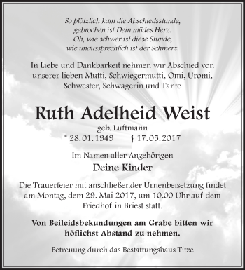 Traueranzeige von Ruth Adelheid Weist von Märkische Oderzeitung