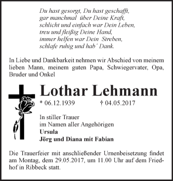 Traueranzeige von Lothar Lehmann von Märkische Oderzeitung