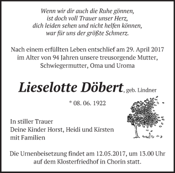 Traueranzeige von Lieselotte Döbert von Märkische Oderzeitung