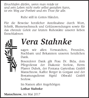 Traueranzeige von Vera Stahnke von Märkische Oderzeitung