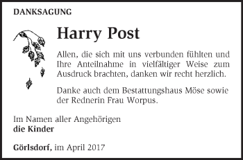 Traueranzeige von Harry Post von Märkische Oderzeitung