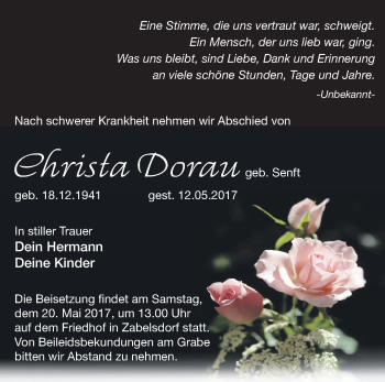 Traueranzeige von Christa Dorau von Märkische Oderzeitung