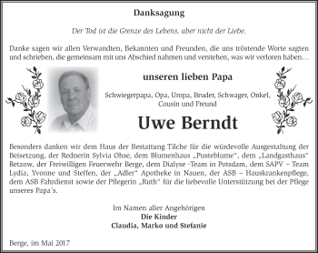 Traueranzeige von Uwe Berndt von Märkische Oderzeitung