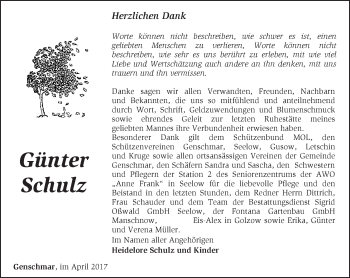 Traueranzeige von Günter Schulz von Märkische Oderzeitung