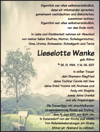 Traueranzeige von Lieselotte Wanke von Märkische Oderzeitung